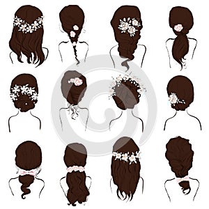 Set of different hairstyles, wedding hairstyles, hair styles with flowers,