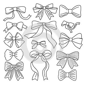Set of different hand drawn bows ribbons. Hand drawn outline bow ties, simple minimalist vector illustration collection
