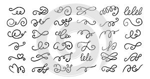 Set of different hand drawn flourish swirl ornate decoration elements. Decorative black ink pen curled lines collection