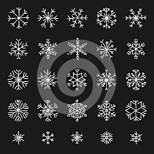 Set of different hand-drawn snowflakes with chalk texture. Doodle snowflakes collection for winter christmas design.