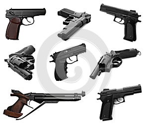 Set with different handguns on white background