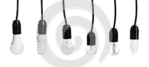 Set of different hanging lamp bulbs with wires