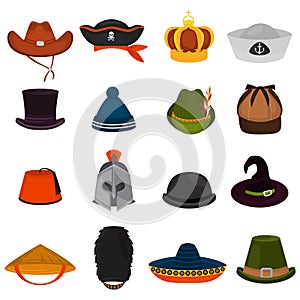 Set of different hats color flat icons photo