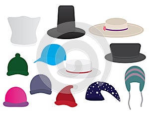 Set of different hats illustrations on White background