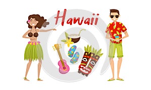 Set of different hawaii symbols. Vector illustration.