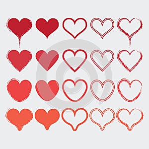 Set of different heart shapes icons in modern red colors