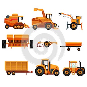 Set with different heavy machinery used in agriculture industry. Farm vehicle. Tractor, trailer, crawler, combine