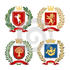 Set of different heraldic coats of arms. Horse, lion, tree and ship on shields framed by symbolic branches