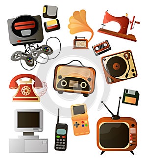 Set of different home retro objects and electronic devices