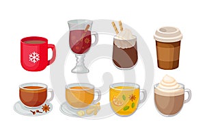 Set of different hot beverage vector illustration isolated on white background.