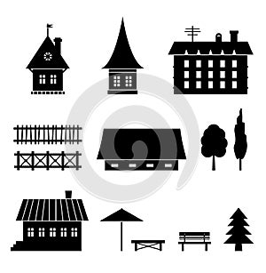 Set of different houses. Icons of country elements. Trees, fences, houses, benches