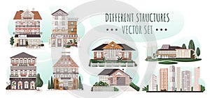 Set of different houses, modern residential architecture, vector illustration