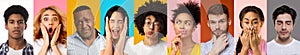 Set Of Different Human Emotions With Diverse People Portraits Over Cororful Background