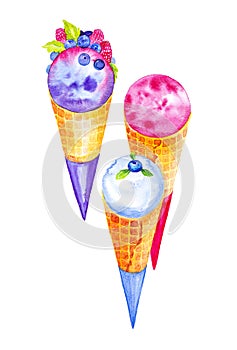 Set of different ice cream cones with wild berries. Watercolor illustrations isolated on white background