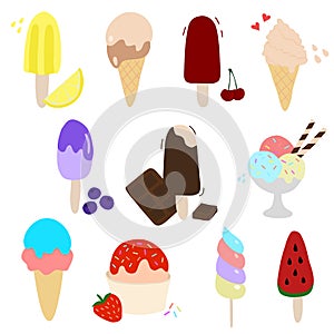 Set of different ice cream, lollipop and popsicle, flat vector doodle