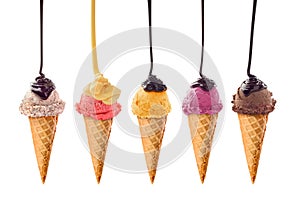 A set of different ice cream watered with chocolate photo