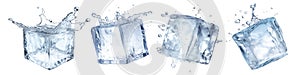 Set of different ice cubes cut out on a transparent background. A set of melting ice cubes decomposes in different