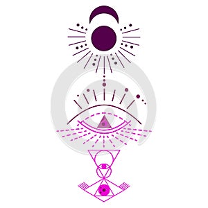 Set of different images of opening of third eye, symbol of soul in esoterics. Illustration of magic session, look into future