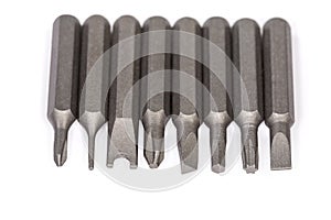Set of different interchangeable bits for mini screwdriver, close-up