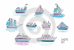 Set of different isolated doodle ships, yachts, boats, sailing craft, sailboat, nautical vessel. Sea transport