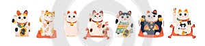 Set of different Japanese lucky cat maneki neko vector illustration. Collection of cute oriental feline figure with photo