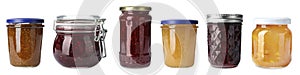 Set of different jars with jams on background. Banner design
