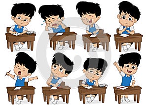 Set of different kid learning pose.Boy crying,laughing,sad,sleepy,thinking,boring,asking.