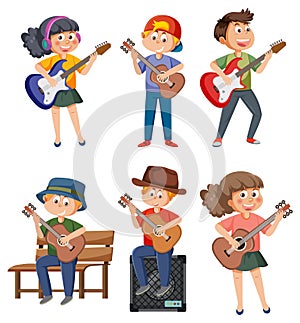 Set of different kids playing music