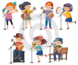 Set of different kids playing music