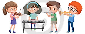 Set of different kids playing musical instruments