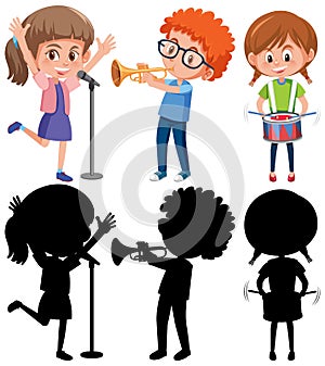 Set of different kids playing musical instruments with silhouette