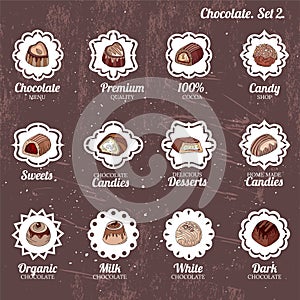 Set with different kinds of chocolate candies - milk, dark, white chocolate.