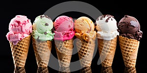 Set Of Different Kinds Of Ice Cream Balls In Waffle Cones On Black Background. Panoramic Banner. Generative AI