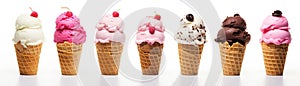 Set Of Different Kinds Of Ice Cream Balls In Waffle Cones On White Background. Panoramic Banner. Generative AI