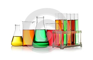 Set of different lab glassware with color liquid isolated