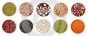 Set of different legumes in bowl isolated on white background