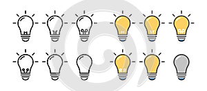 Set of different light bulb styles. Vector thin line icons in outline and coloful filled outline style. For ideas, solutions and