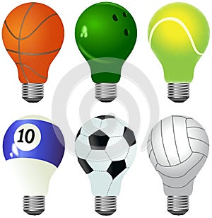 Set of different light bulbs designed as sporting balls