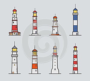 Set of different lighthouse. Colorful vector illustration collection in lineart style on gray background.