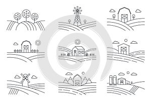 Set of different line eco farm landscapes isolated on white background. Rural landscape with windmill, silage tower