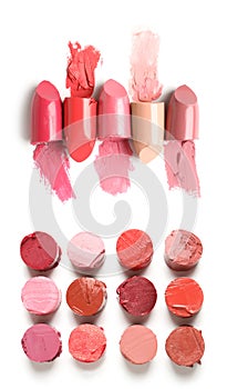 Set of different lipstick swatches on white background