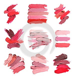 Set of different lipstick swatches on white background