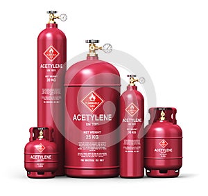 Set of different liquefied acetylene industrial gas containers