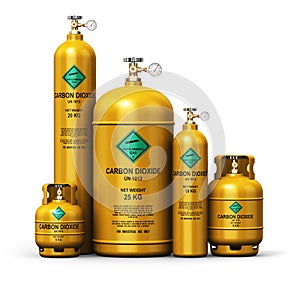 Set of different liquefied carbon dioxide industrial gas containers