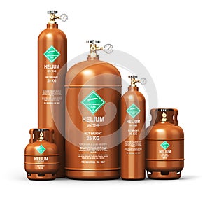 Set of different liquefied helium industrial gas containers