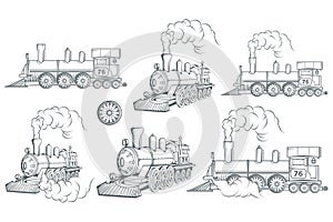 Set of different locomotive. Old train logo. Locomotive drawing. Steam transport.