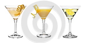 Set with different martini cocktails on background