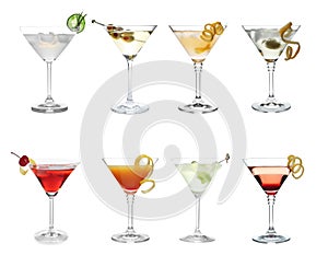 Set with different martini cocktails on background