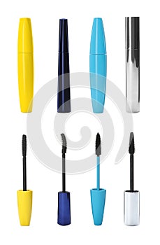 Set with different mascaras on white background