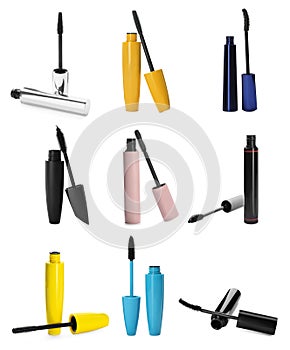 Set with different mascaras on white background